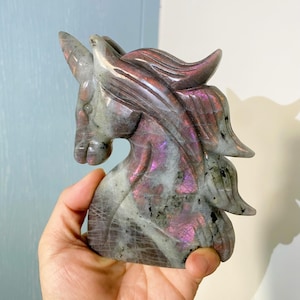 Labradorite Unicorn Carving – 5.5" Magical Creature Statue | Purple & Orange Flash Labradorite, Mythical Crystal Sculpture