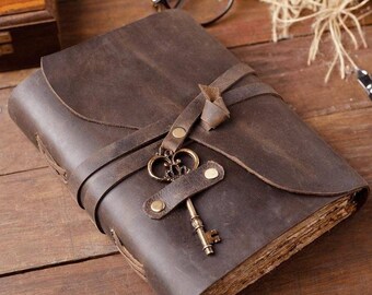Handmade Leather Journal Lock Notebook Rustic Deckle Edge Moon Stone Diary Book