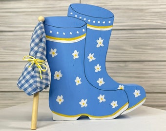 Wooden Rain Boots with Umbrella: Spring Tiered Tray Decor
