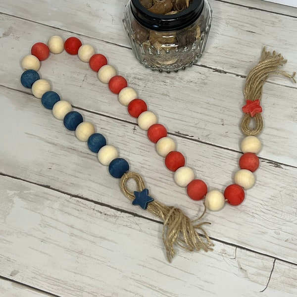 Farmhouse Patriotic Wood Beaded Garland With Tassel, 4th of July Beaded Garland, Rustic Americana Tiered Tray Decor, Independence Day Decor