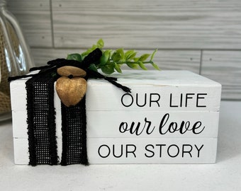 Farmhouse Wooden Book Stack: Tiered Tray Shelf Decor