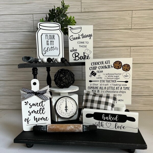 Baking Tiered Tray and Shelf Kitchen Set, Baker Decoration Bundle, Bakers Gonna Bake Farmhouse Kitchen Signs, Kitchen Decorations