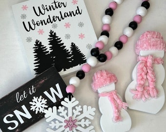 Winter Wonderland Tiered Tray Decor: Snowman, Snowflake, and Sign
