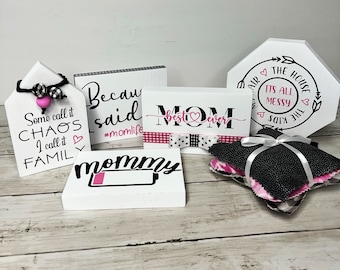 Mother's Day Tiered Tray Decor: Mom Life Signs & Mini Pillows