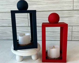 Mini Tea Light Lantern: Red or Navy Farmhouse Tiered Tray Decor