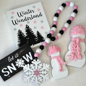 Winter Wonderland Tiered Tray Decor, Let It Snow Sign, Winter Snowflakes, Freestanding Snowman, Pink Winter Theme Home Decor