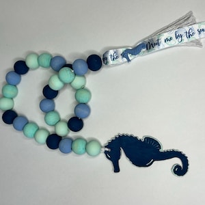 Seahorse Wood Beaded Garland With Tassel, Beach Beaded Garland, Meet Me By The Sea, Beach House Tiered Tray Decor, Seahorse Decor, Sea Life image 1