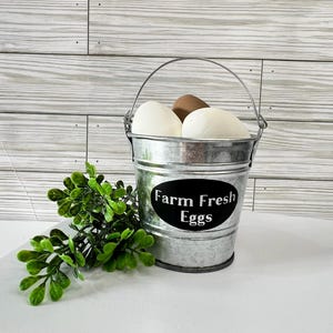 Farm Fresh Eggs Mini Metal Bucket, Bucket of Eggs, Farmhouse Kitchen Tiered Tray Decor, Rustic Kitchen Decorations, Country Kitchen Accents