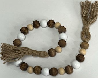 Rustic Wood Beaded Garland with Tassels: Farmhouse Decor