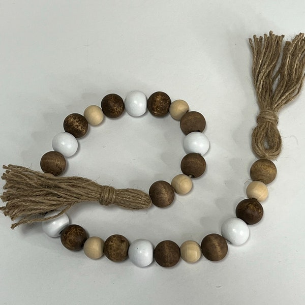 Neutral Wood Beaded Garland with Tassels, Rustic Farmhouse Beaded Garland, Farmhouse Home Decor, Natural Wood Home Accents