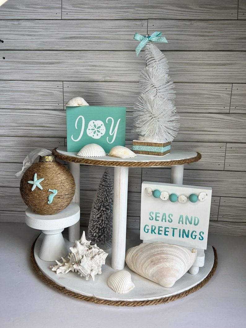 Coastal Christmas Tiered Tray Decor: Beachy Seas and Greetings Sign image 10