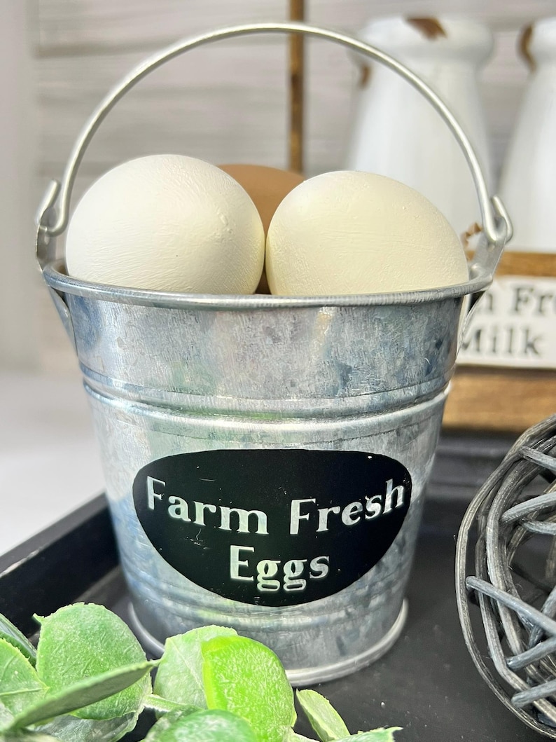 May include: A small, galvanized metal bucket with a silver handle, filled with three eggs. The bucket has a black oval sticker with the words "Farm Fresh Eggs" in white. The eggs are white and brown.