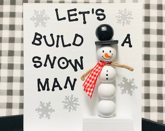 3D Beaded Snowman Sign, Winter Tier Tray Decor, Chalk Paint Snowman Shelf Accent