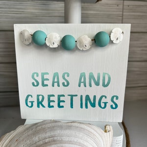 Coastal Christmas Tiered Tray Decor: Beachy Seas and Greetings Sign SEAS AND GREETINGS