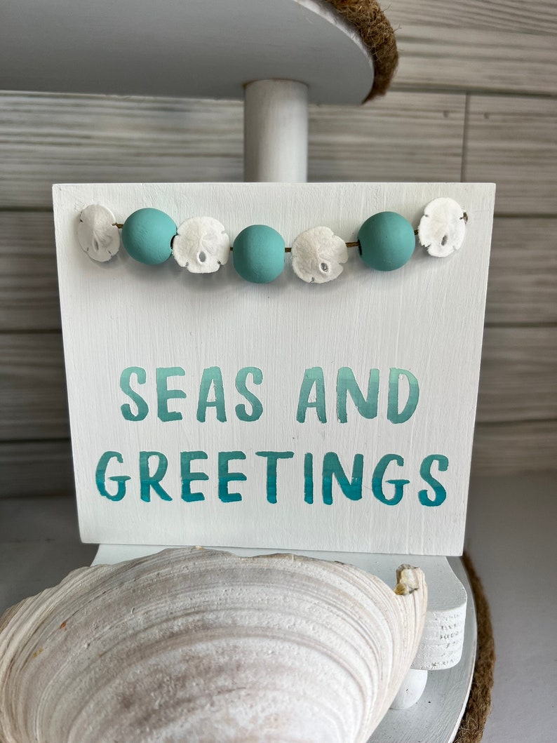 Coastal Christmas Tiered Tray Decor: Beachy Seas and Greetings Sign SEAS AND GREETINGS