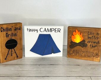 Rustic Camping Tiered Tray Sign Set: Campfire, Grill, Tent Decor