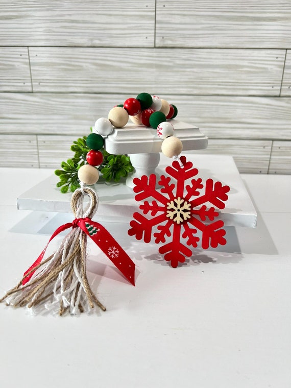 Christmas Beaded Garland: Snowflake Tassel, Farmhouse Shelf Decor