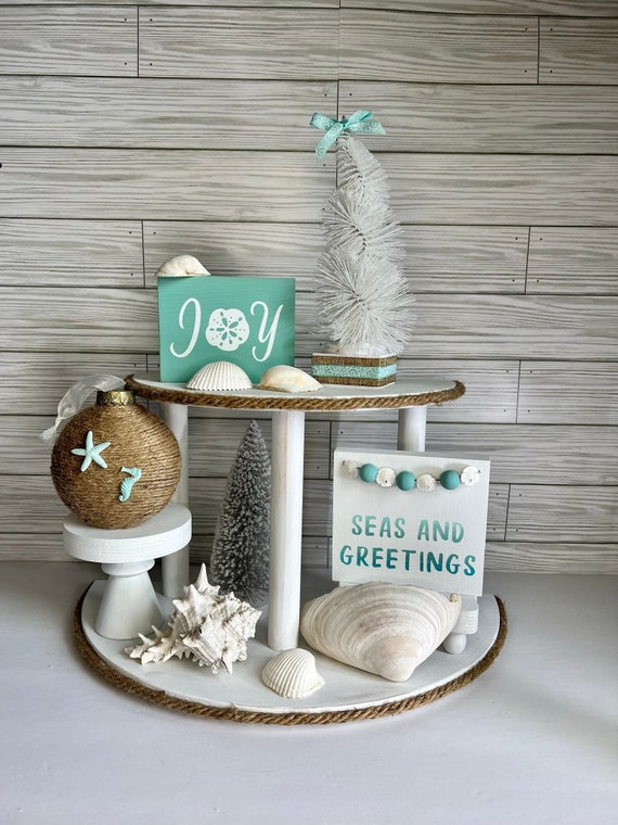 Coastal Christmas Tiered Tray Decor: Beachy Seas and Greetings Sign
