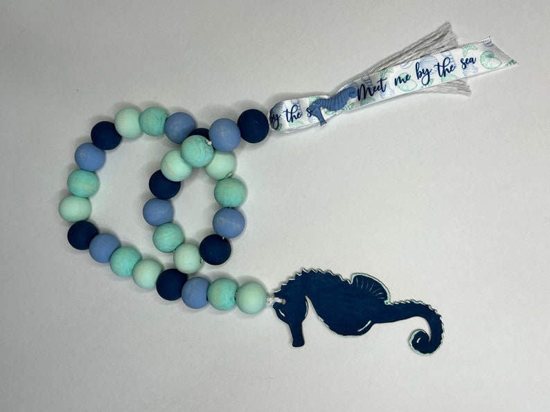 Seahorse Wood Beaded Garland With Tassel, Beach Beaded Garland, Meet Me By The Sea, Beach House Tiered Tray Decor, Seahorse Decor, Sea Life image 1