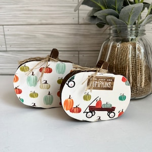 Fall Farmhouse Pumpkins, Freestanding Pumpkins, Fall Tiered Tray and Shelf Decor, Rustic Wood Pumpkins