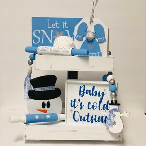 Snowman Home Decor, Winter Tiered Tray Bundle, Let it Snow, Snowman Beaded garland with Tassel, Baby its Cold Outside, Snowflake Signs