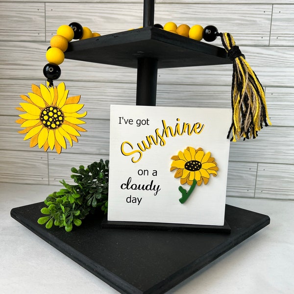 Sunshine on a Cloudy Day Mini Sign, Sunflower Tiered Tray and Shelf Decor, Sunflower Sign, Sunflower Beaded Garland and Tassel, Summer Decor