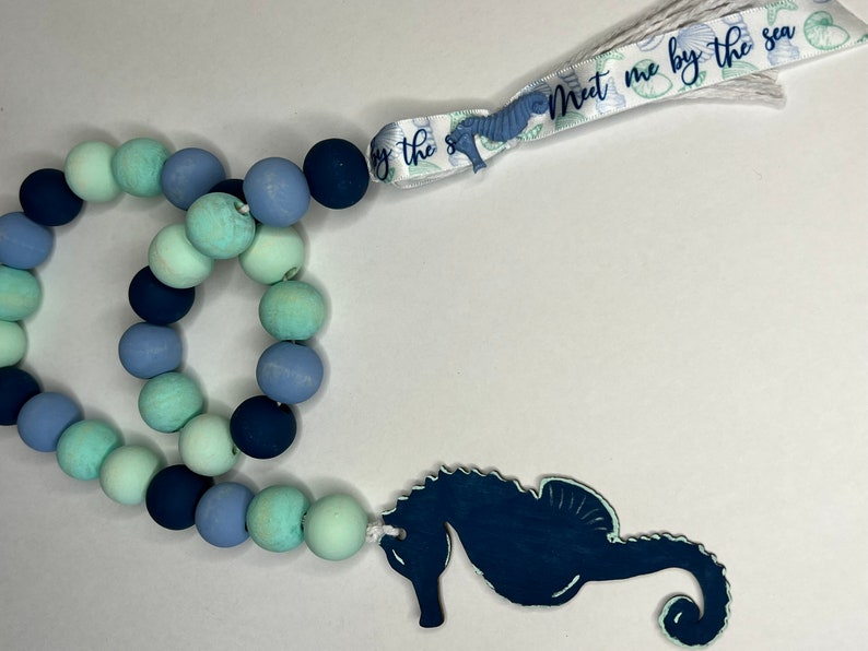 Seahorse Wood Beaded Garland With Tassel, Beach Beaded Garland, Meet Me By The Sea, Beach House Tiered Tray Decor, Seahorse Decor, Sea Life image 9