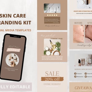 May include: A social media branding kit for a skincare company. The kit includes templates for Instagram and Facebook posts, stories, and ads. The templates feature a neutral colour palette of brown, beige, and white. The text on the templates includes the words "Skin Care Branding Kit", "Social Media Templates", "Restock", "New Product", "Turmeric Mask", "Sale 20% off", "Entire Website", "Grape Seed Hydrating Serum", "Morning Skincare Routine", and "Giveaway".