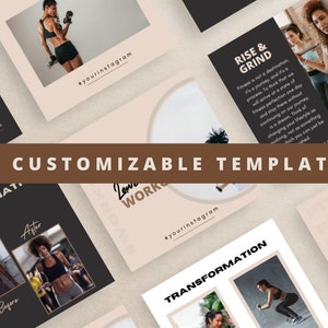 May include: A collection of 20 customizable Instagram templates for fitness and wellness businesses. The templates feature a variety of designs with motivational quotes, before and after transformation photos, and workout images. The templates are in black, white, and brown colors.