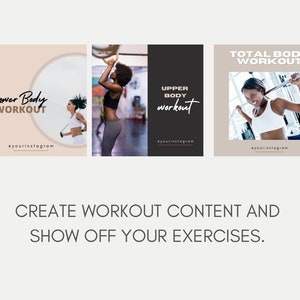 May include: Three Instagram post templates for a workout program. The first post is a light pink background with a circle in the center and the text "Lower Body Workout" in black. The second post is a black background with the text "Upper Body Workout" in white. The third post is a light brown background with the text "Total Body Workout" in black. All three posts feature a woman working out in a gym.