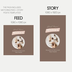 May include: A social media post template for a beauty product restock announcement. The template features a brown background with a circle containing a hand holding a group of skincare products. The text "Great News! RESTOCK" is written in a pink box with a brushstroke effect.