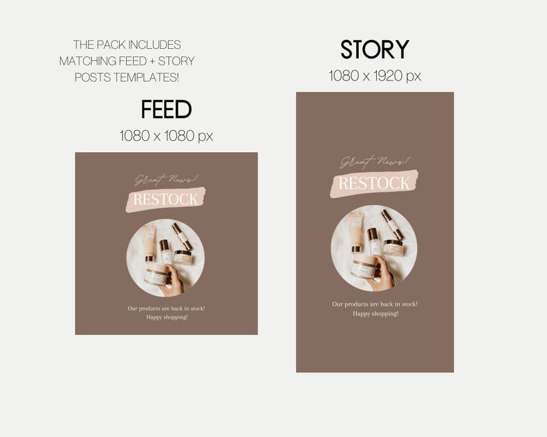 May include: A social media post template for a beauty product restock announcement. The template features a brown background with a circle containing a hand holding a group of skincare products. The text "Great News! RESTOCK" is written in a pink box with a brushstroke effect.