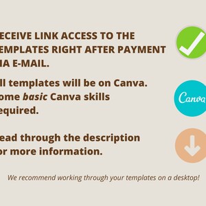 May include: A green checkmark, a blue circle with the word "Canva" in white text, and a peach-colored circle with a downward-pointing arrow. The text reads: "RECEIVE LINK ACCESS TO THE TEMPLATES RIGHT AFTER PAYMENT VIA E-MAIL. All templates will be on Canva. Some basic Canva skills required. Read through the description for more information. We recommend working through your templates on a desktop!"