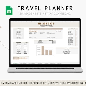 Pu&ograve; includere: Uno schermo di computer portatile che mostra un foglio di calcolo per pianificare un viaggio in Messico nel 2023. Il foglio di calcolo include sezioni per viaggiatori, attivit&agrave;, budget, spese, itinerario, prenotazioni e un elenco di cose da fare. Il foglio di calcolo &egrave; intitolato "Messico 2023" e le date sono dal 20 al 28 novembre.