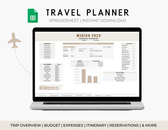 Travel Planner Spreadsheet | Google Sheets Template | Travel Organizer | Trip Planner | Packing List | Vacation Planner