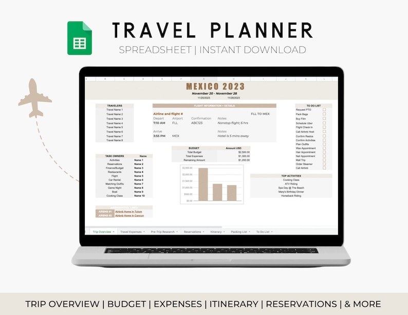 Pu&ograve; includere: Uno schermo di computer portatile che mostra un foglio di calcolo per pianificare un viaggio in Messico nel 2023. Il foglio di calcolo include sezioni per viaggiatori, attivit&agrave;, budget, spese, itinerario, prenotazioni e un elenco di cose da fare. Il foglio di calcolo &egrave; intitolato "Messico 2023" e le date sono dal 20 al 28 novembre.