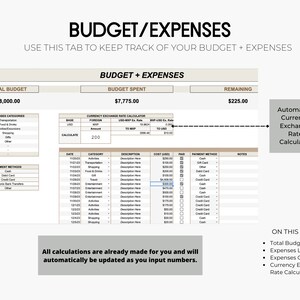 Pu&ograve; includere: Un foglio di calcolo con un tracker di budget e spese. Il foglio di calcolo include un budget totale di $ 8.000,00, un budget speso di $ 7.775,00 e un saldo rimanente di $ 225,00. Il foglio di calcolo include anche un calcolatore di tassi di cambio.