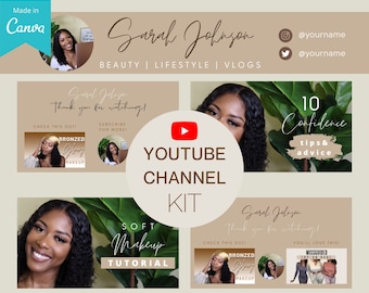 Kit canale YouTube / Modello Canva modificabile / Banner YouTube, Cartolina finale, Modelli miniature video / Branding beige nudo