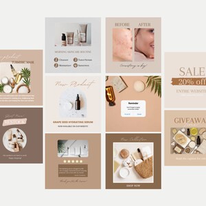May include: A collection of nine Instagram posts promoting skincare products. The posts feature images of various products, including turmeric masks, grape seed hydrating serum, and a new collection of skincare items. The posts also include text promoting sales, giveaways, and restocks.