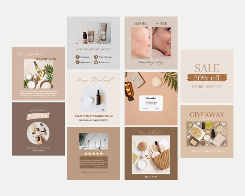 May include: A collection of nine Instagram posts promoting skincare products. The posts feature images of various products, including turmeric masks, grape seed hydrating serum, and a new collection of skincare items. The posts also include text promoting sales, giveaways, and restocks.