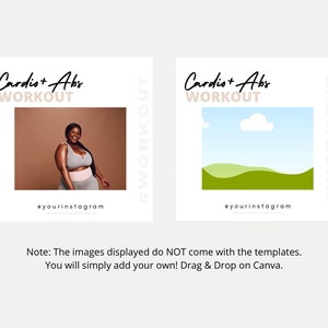 May include: Two Instagram post templates with the text "Cardio + Abs WORKOUT" in black text on a white background. The first template features a photo of a person wearing a sports bra and leggings. The second template features a cartoon illustration of a green hill and a white cloud against a blue sky. Both templates include the text "@yourinstagram" and "#WORKOUT".