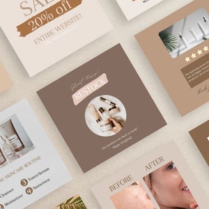 May include: A collage of images promoting skincare products. The first image shows a sale announcement for 20% off the entire website. The second image shows a restock announcement with a variety of skincare products in a circle. The third image shows a skincare routine with numbered steps. The fourth image shows a five-star review of the products. The fifth image shows a before and after image of a person's skin. The sixth image shows a new product.