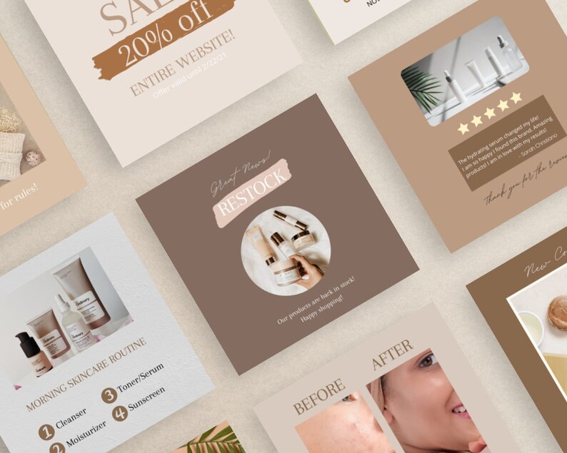 May include: A collage of images promoting skincare products. The first image shows a sale announcement for 20% off the entire website. The second image shows a restock announcement with a variety of skincare products in a circle. The third image shows a skincare routine with numbered steps. The fourth image shows a five-star review of the products. The fifth image shows a before and after image of a person's skin. The sixth image shows a new product.
