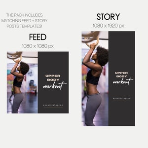 May include: A social media template for an upper body workout. The template features a woman doing a pull-up on gymnastic rings. The text "UPPER BODY workout" is in a gold font on a black background. The text "@yourinstagram" is in white font on the black background.