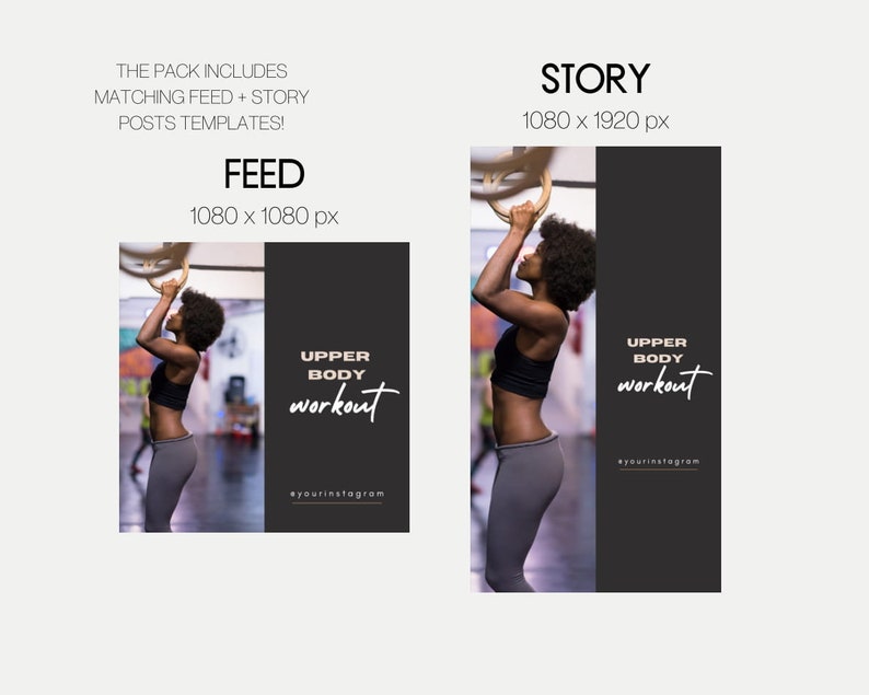 May include: A social media template for an upper body workout. The template features a woman doing a pull-up on gymnastic rings. The text "UPPER BODY workout" is in a gold font on a black background. The text "@yourinstagram" is in white font on the black background.