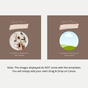 May include: Two social media templates with a brown background and white text that says "Great News! RESTOCK". The first template has a circle with a hand holding a variety of skincare products. The second template has a circle with a green hill and a white cloud in a blue sky.