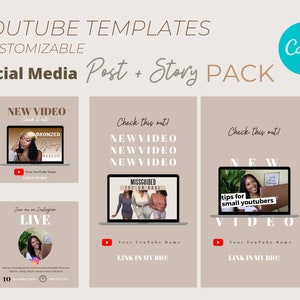 May include: A set of three social media templates for YouTube videos. The templates feature a beige background with a laptop screen displaying a video thumbnail. The text "New Video" is displayed on each template. The first template features a woman with a bronzed glow makeup look. The second template features the text "Missguided" and the third template features the text "Tips for small YouTubers".