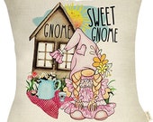 Spring Summer Farmhouse Decorative Throw Pillow Case Pink Gnome Sweet Gnome Sign Pillow Case Rustic Tulip Daisy Sunshine Farm Decoration