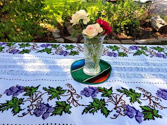 Beautiful Cross-stich Mexican Tablecloth- Grape & Flowers Design