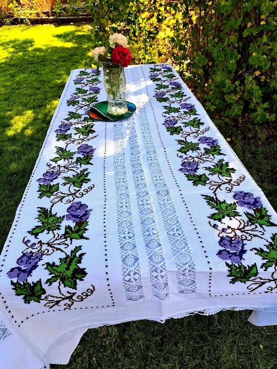 Beautiful Cross-stich Mexican Tablecloth- Grape & Flowers Design